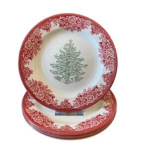 4pc Royal Stafford CHRISTMAS TREE Porcelain Salad Plates 8.5" Red Green NEW